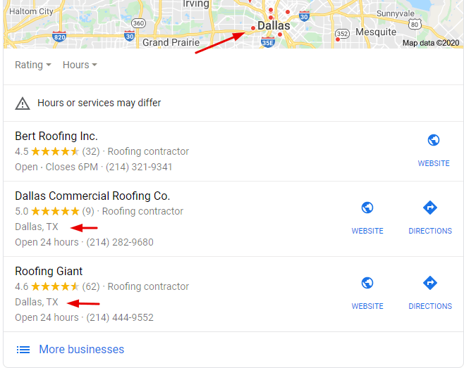 Dallas Roofer Local Search (Screenshot)