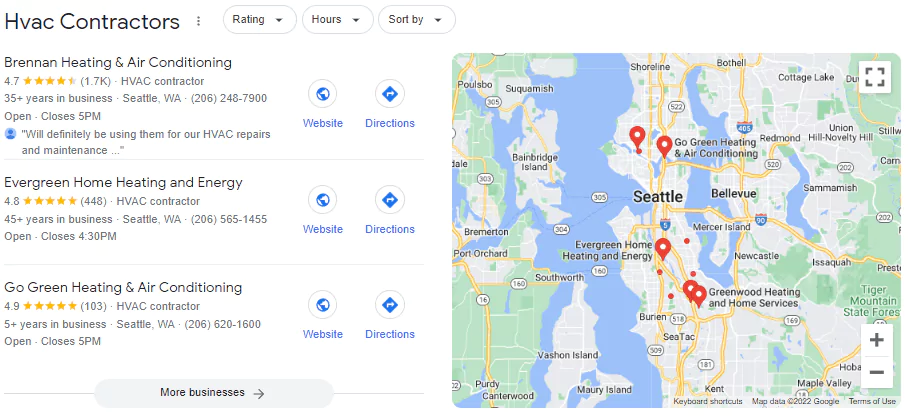 Seattle HVAC Company Map Results